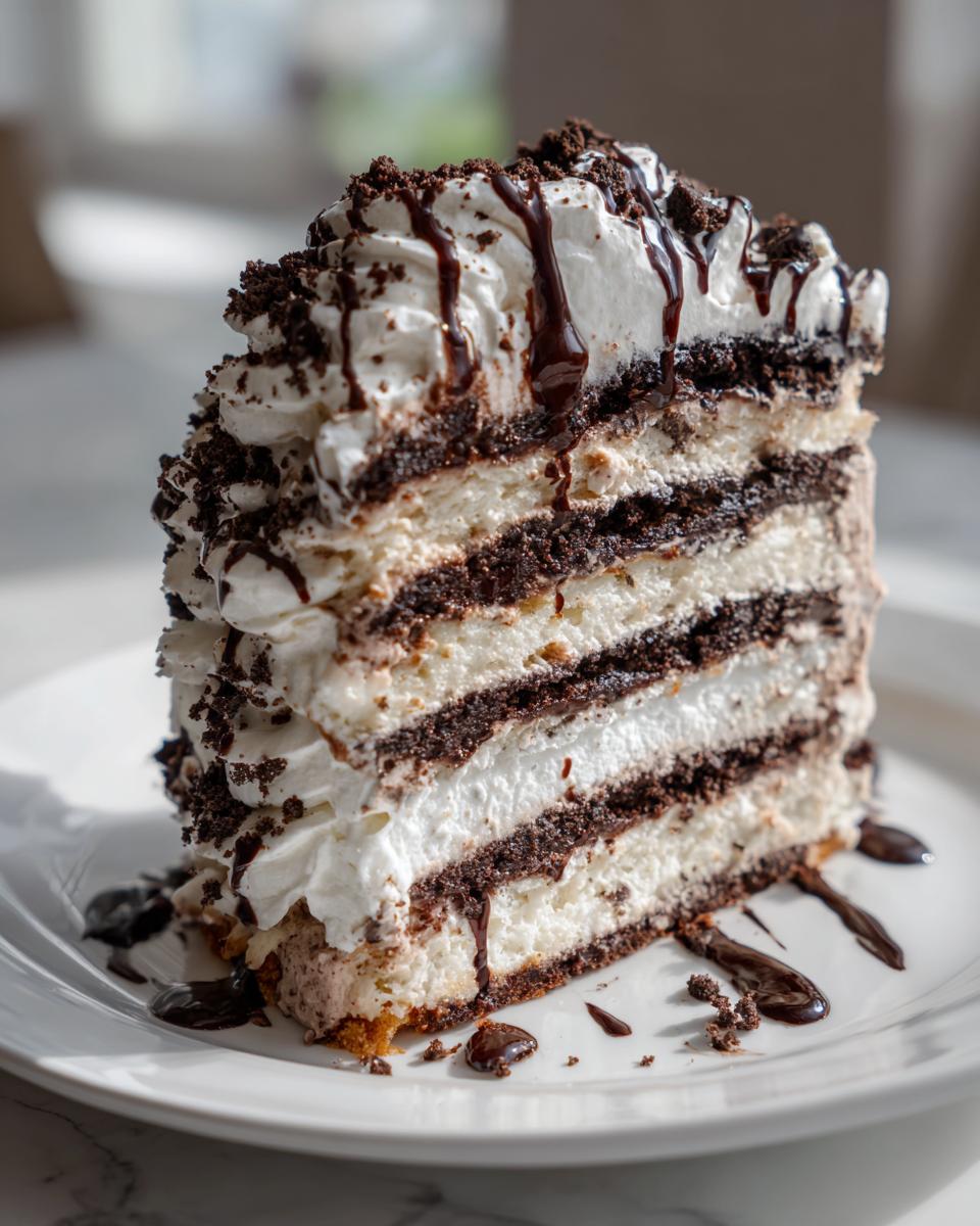 A tall, decadent slice of layered ice cream cake featuring alternating layers of chocolate cookie crumbs and white cream, topped with whipped cream and chocolate syrup.