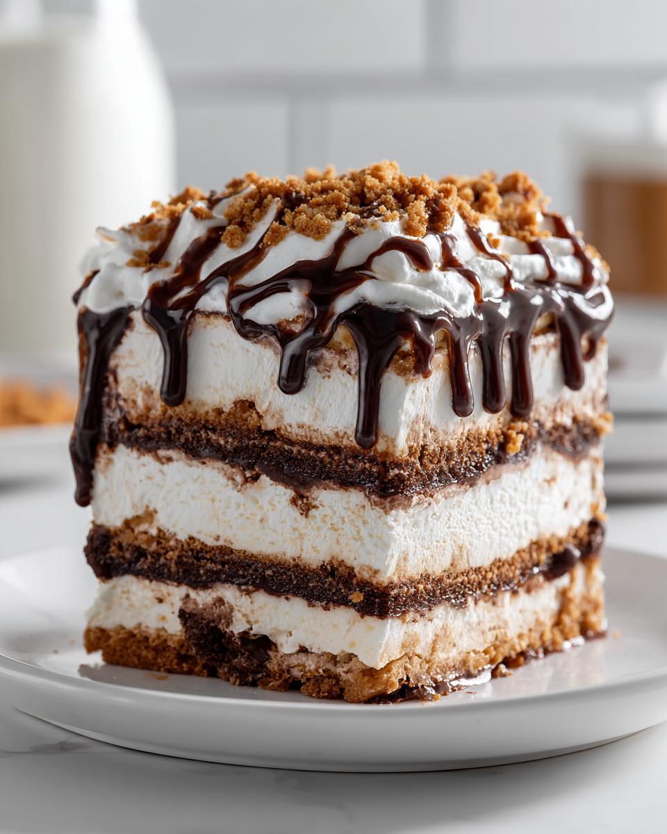 A decadent, layered slice of ice cream cake featuring alternating layers of white cream and dark chocolate/cookie crust, topped with whipped cream, chocolate sauce, and crumbs.