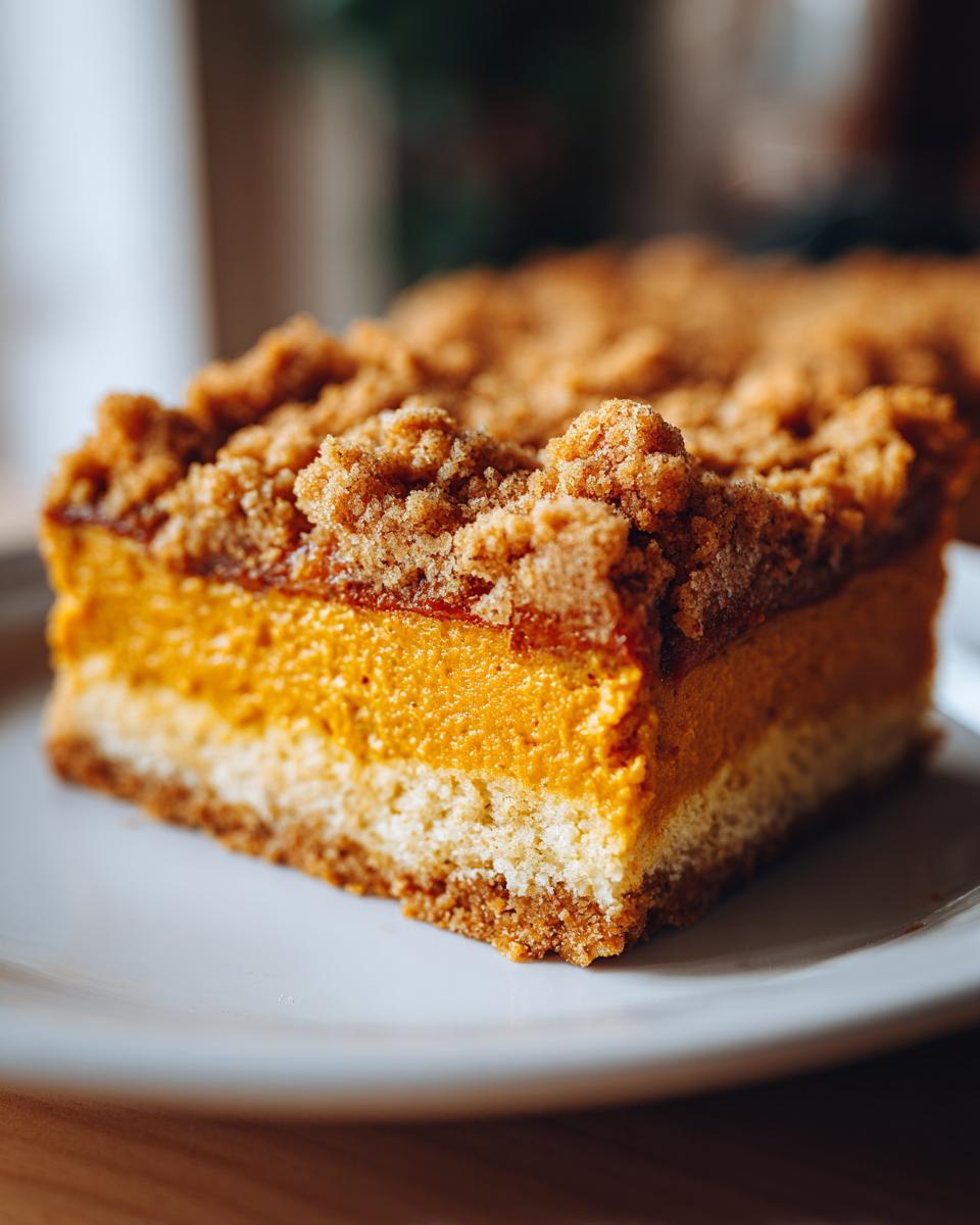 A close-up of a layered slice of pumpkin crunch dessert featuring a crust, a creamy layer, a bright orange pumpkin layer, and a crumbly topping.