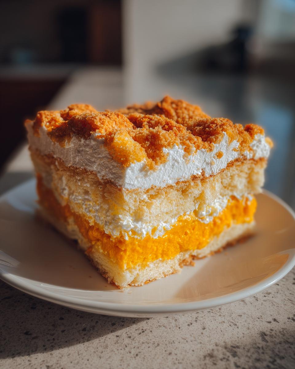 Close-up of a layered slice of pumpkin crunch dessert featuring cake, orange filling, and whipped topping with crumbs.