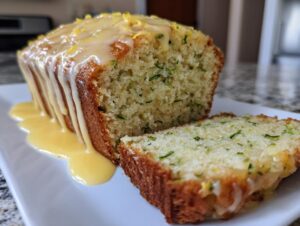 A loaf of moist lemon zucchini bread, partially sliced, covered in a thick lemon glaze and topped with zest.