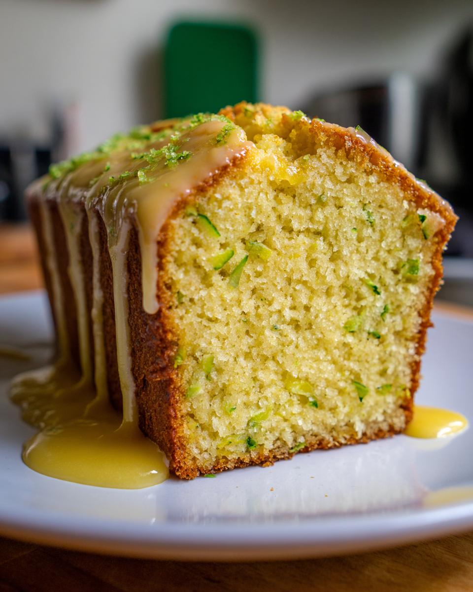 Close-up of a thick slice of moist lemon zucchini bread topped with a thick yellow glaze and lime zest.