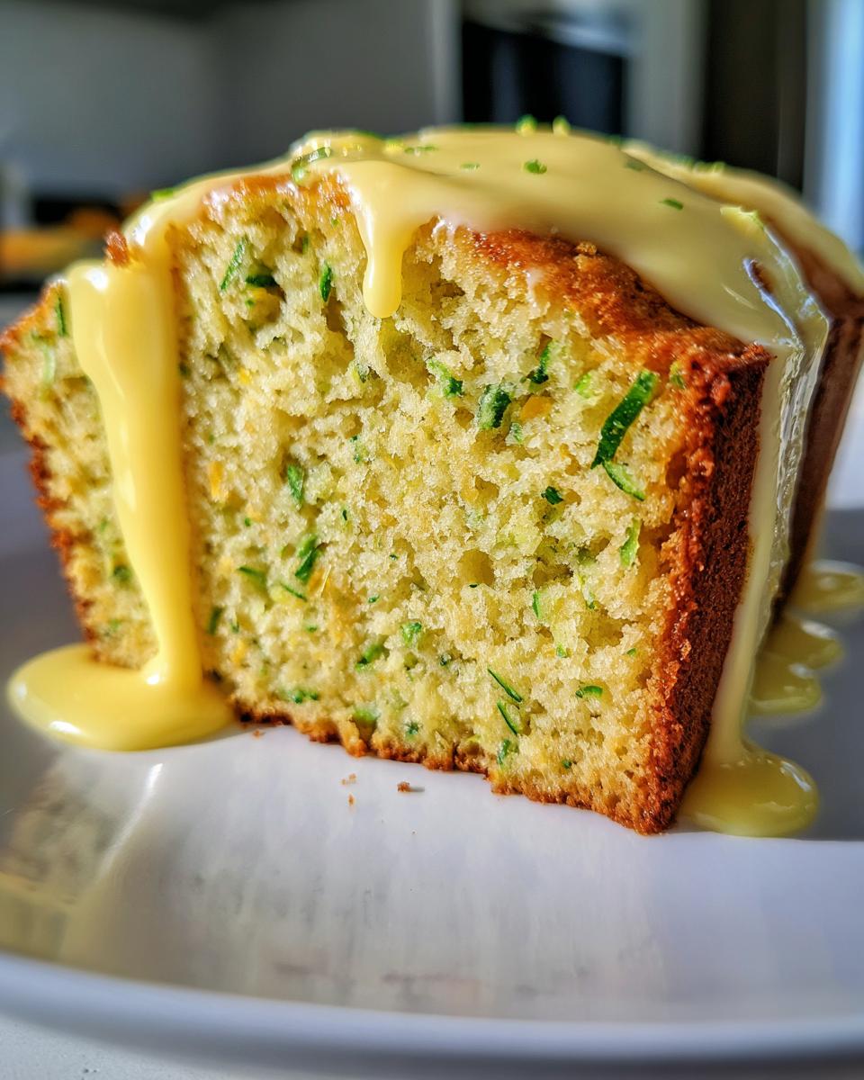 Close-up of a moist slice of lemon zucchini bread topped with thick, dripping lemon glaze.