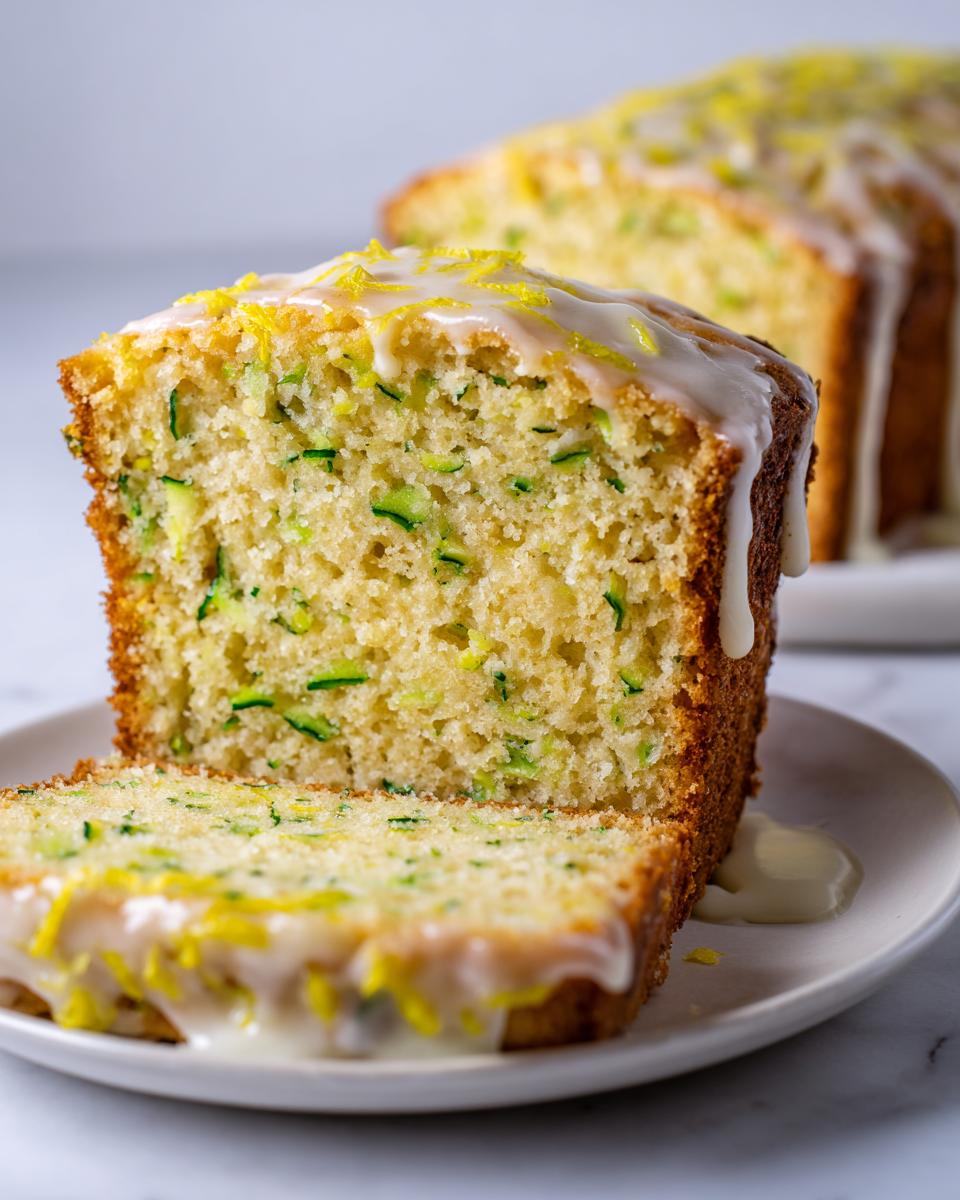 Close-up of a thick slice of moist lemon zucchini bread topped with white glaze and bright yellow lemon zest.