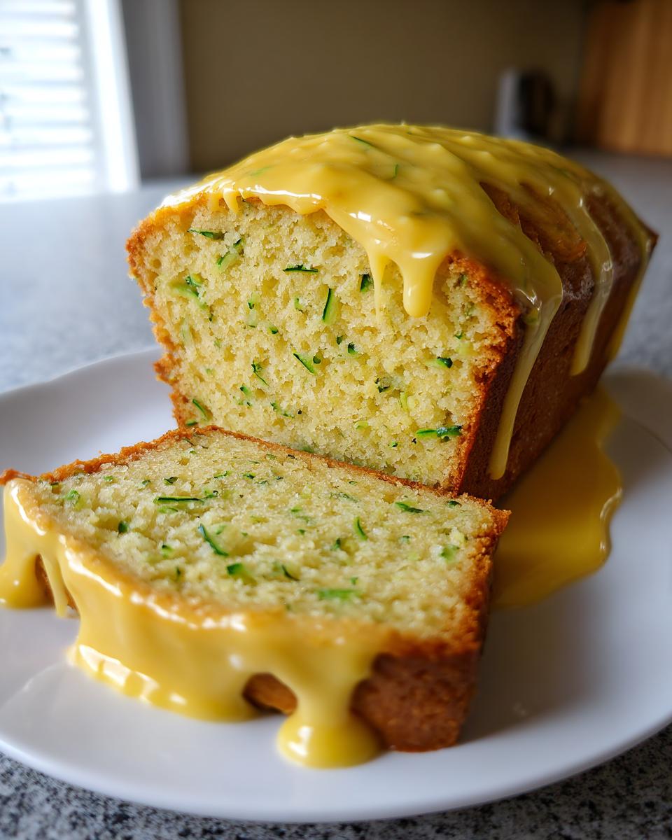 A loaf of moist lemon zucchini bread, partially sliced, generously topped with a thick, dripping yellow lemon glaze.