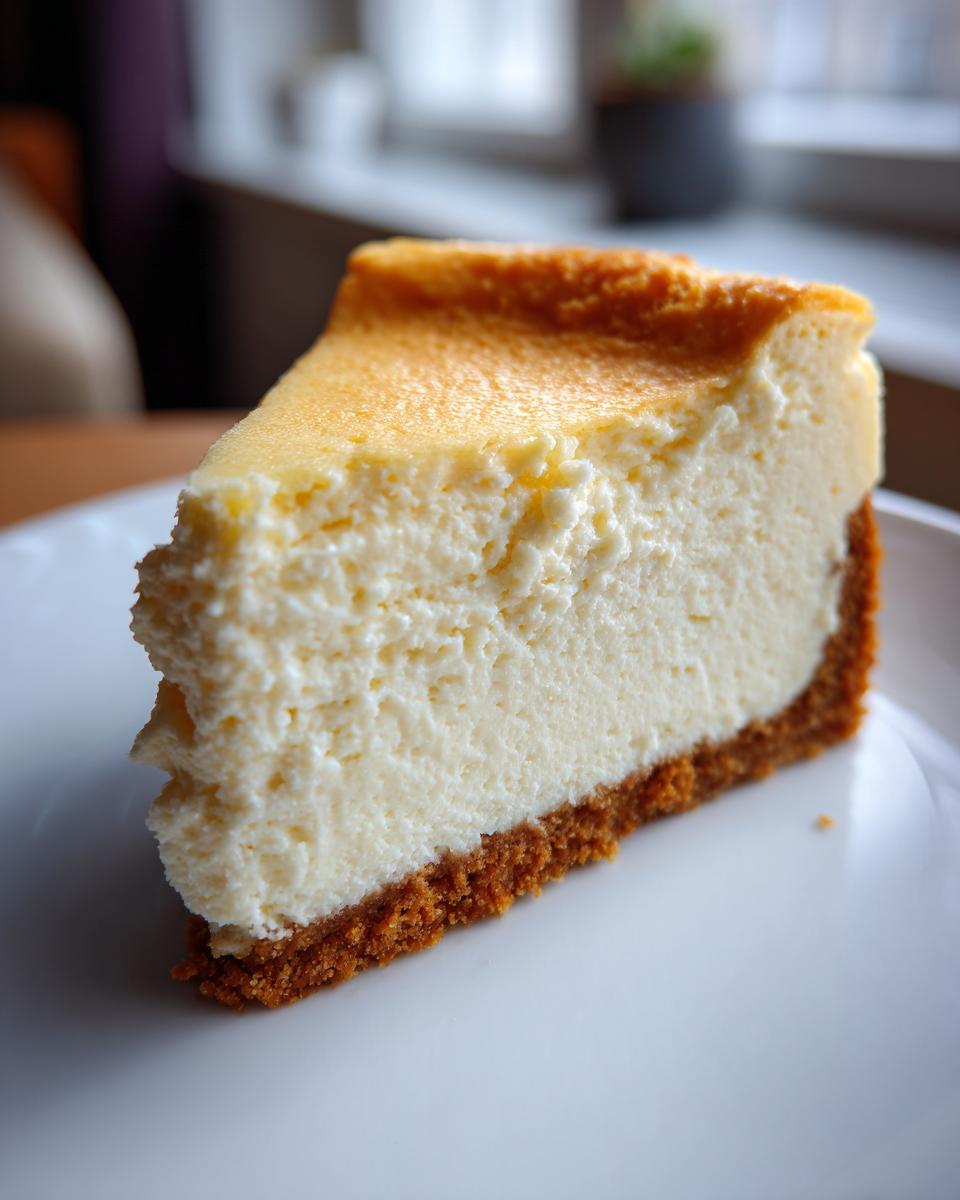A close-up of a thick slice of baked cheesecake recipe showing a creamy white filling and a graham cracker crust.