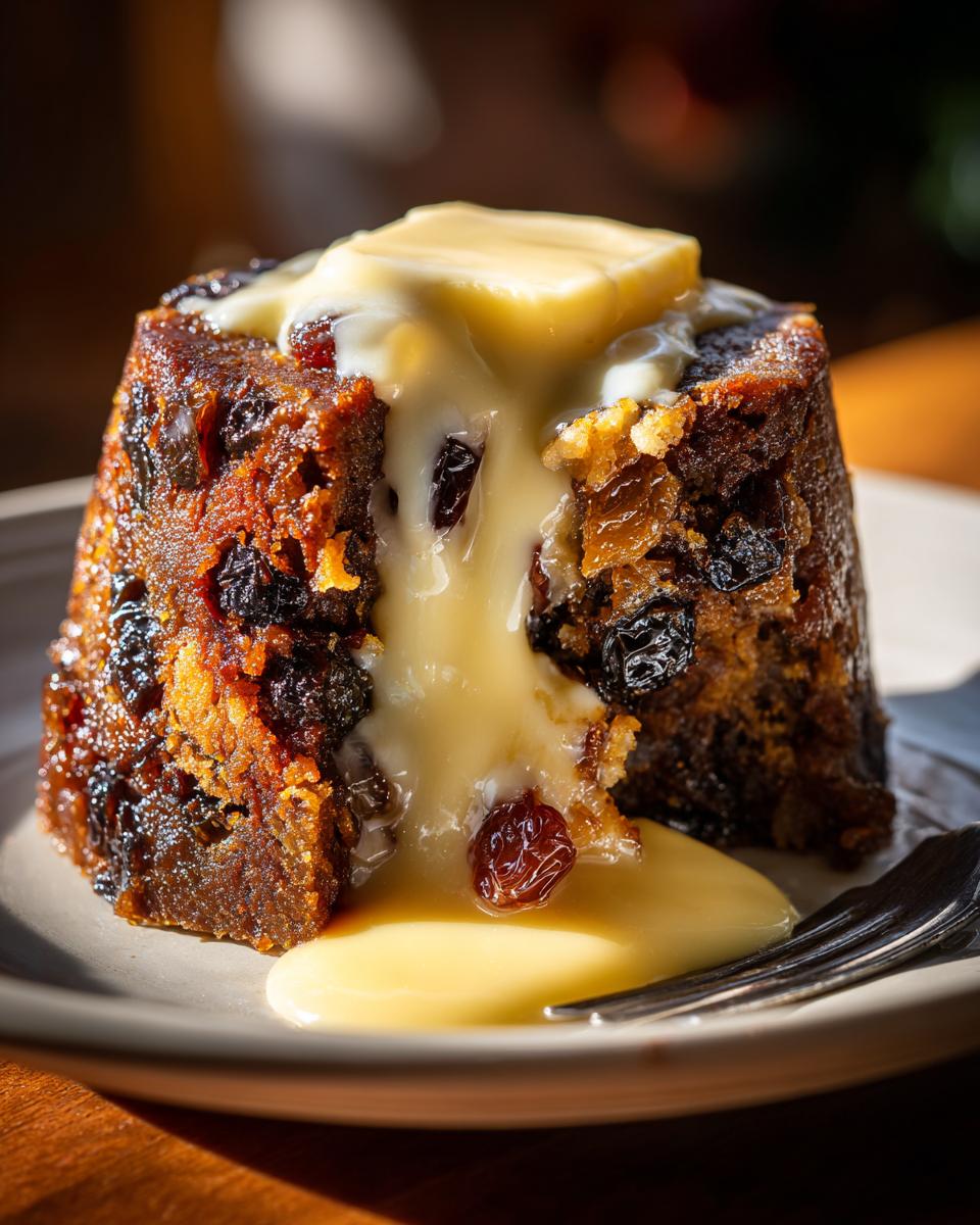 Close-up of a rich, dark plum pudding topped with melting butter and cascading vanilla custard sauce.