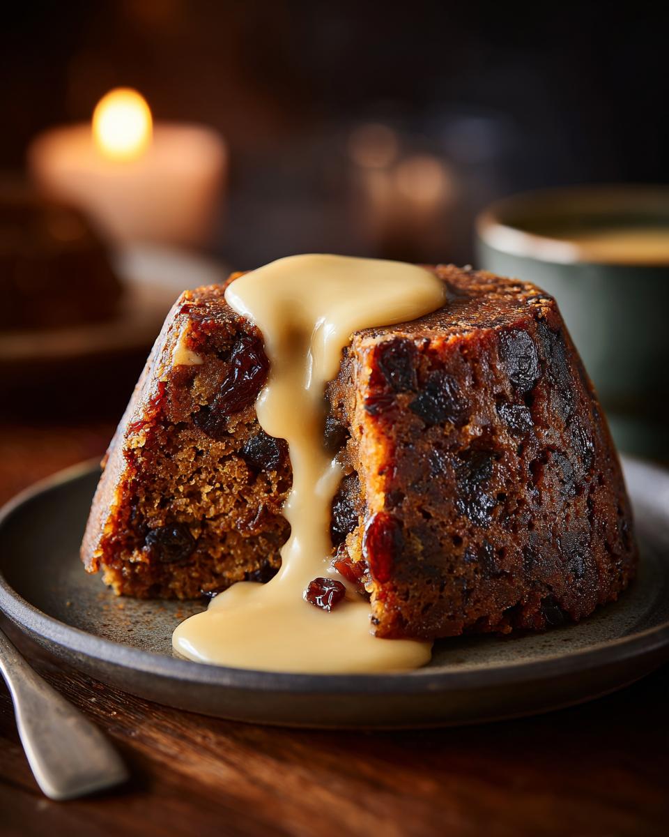 A slice of rich, dark plum pudding topped with creamy custard sauce, set against a warm, dimly lit background with a candle.