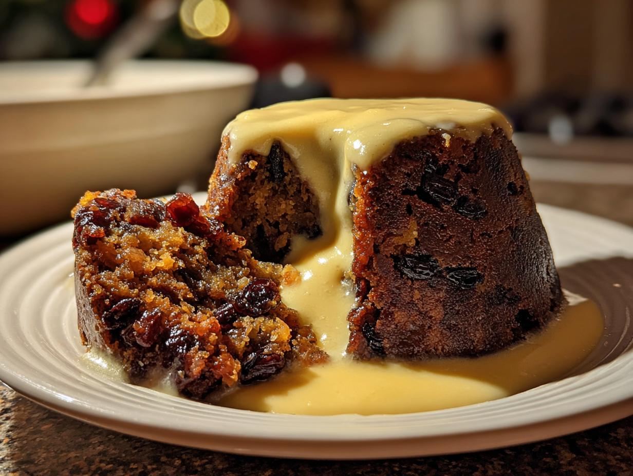 A moist slice of dark plum pudding covered in flowing yellow custard sauce on a white plate.