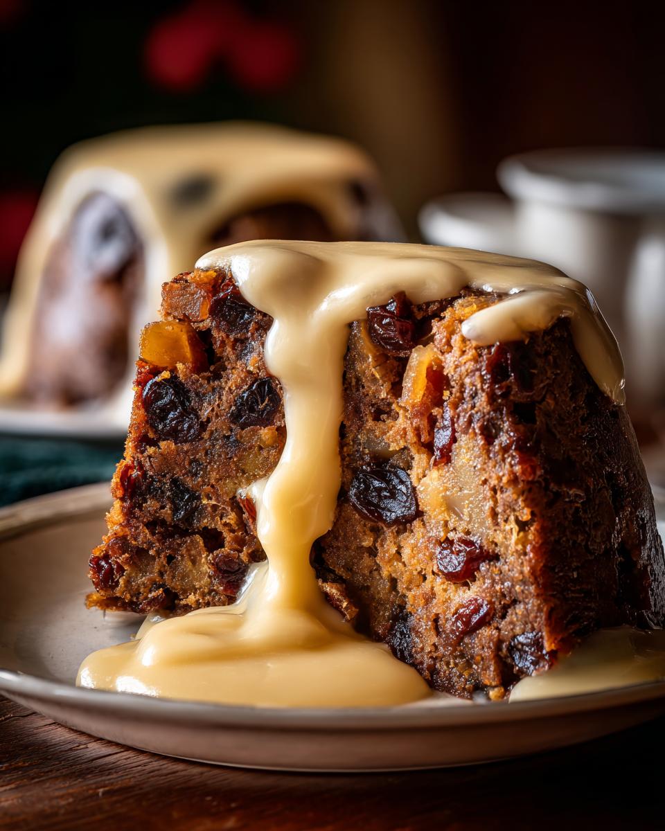 Close-up of a rich, dark slice of plum pudding loaded with dried fruit, generously covered with warm custard sauce.