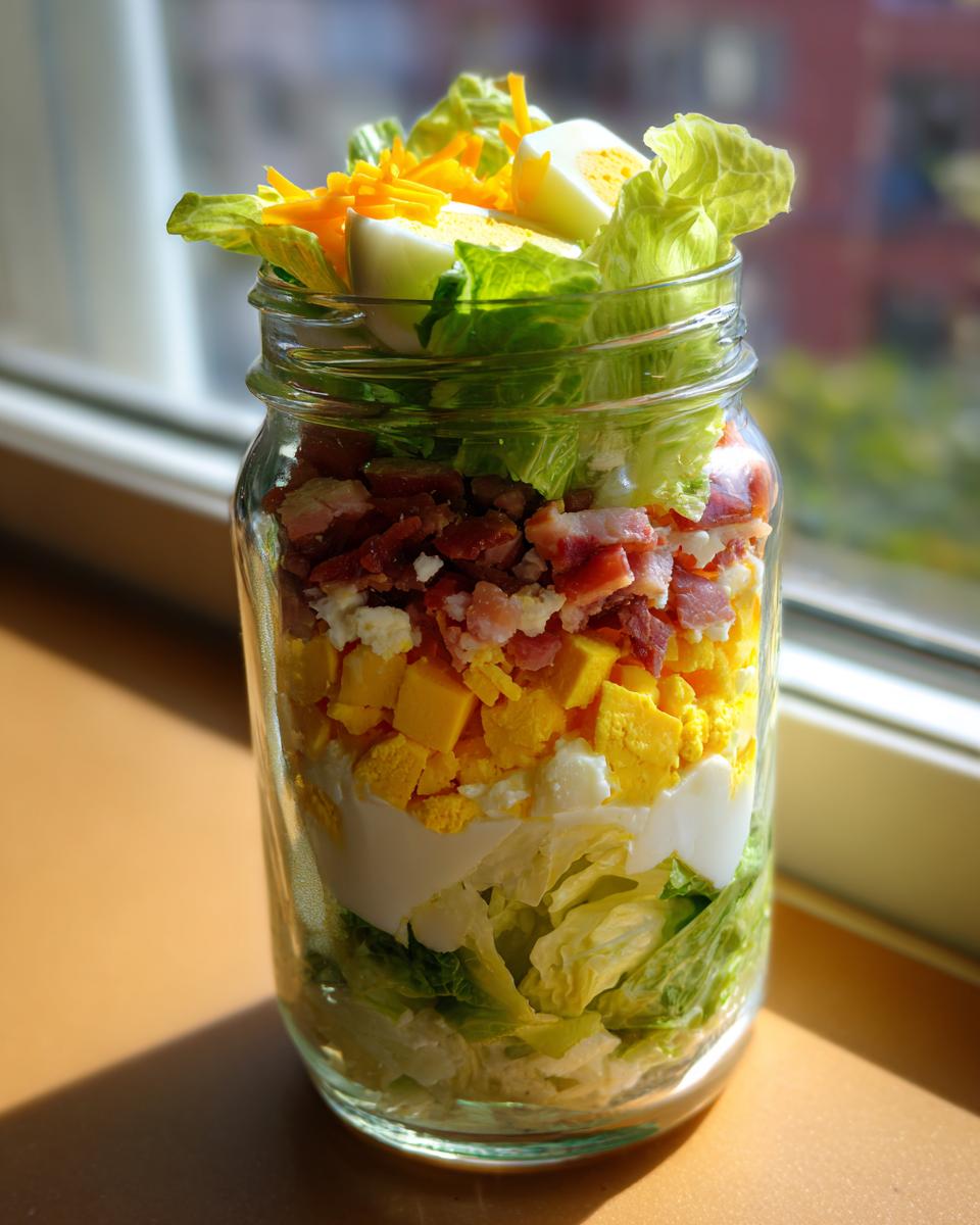 Close-up of a vibrant 7 layer salad layered inside a clear mason jar, showing lettuce, eggs, cheese, and bacon.