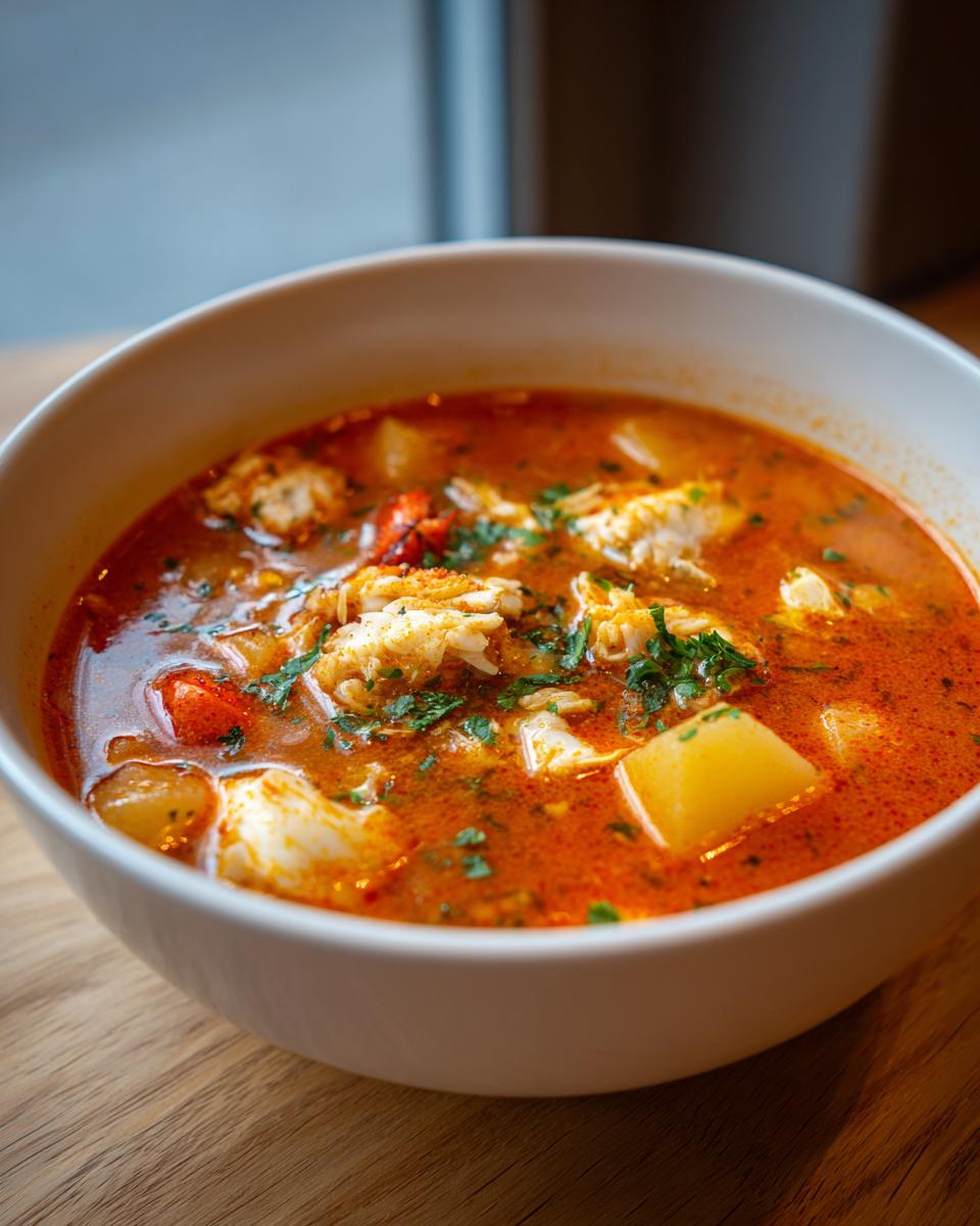 Close-up of a white bowl filled with rich, red maryland crab soup, featuring chunks of crab meat and potatoes.