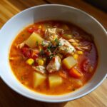 Close-up of a bowl of rich, red maryland crab soup filled with chunks of potato, corn, and visible flakes of crab meat.
