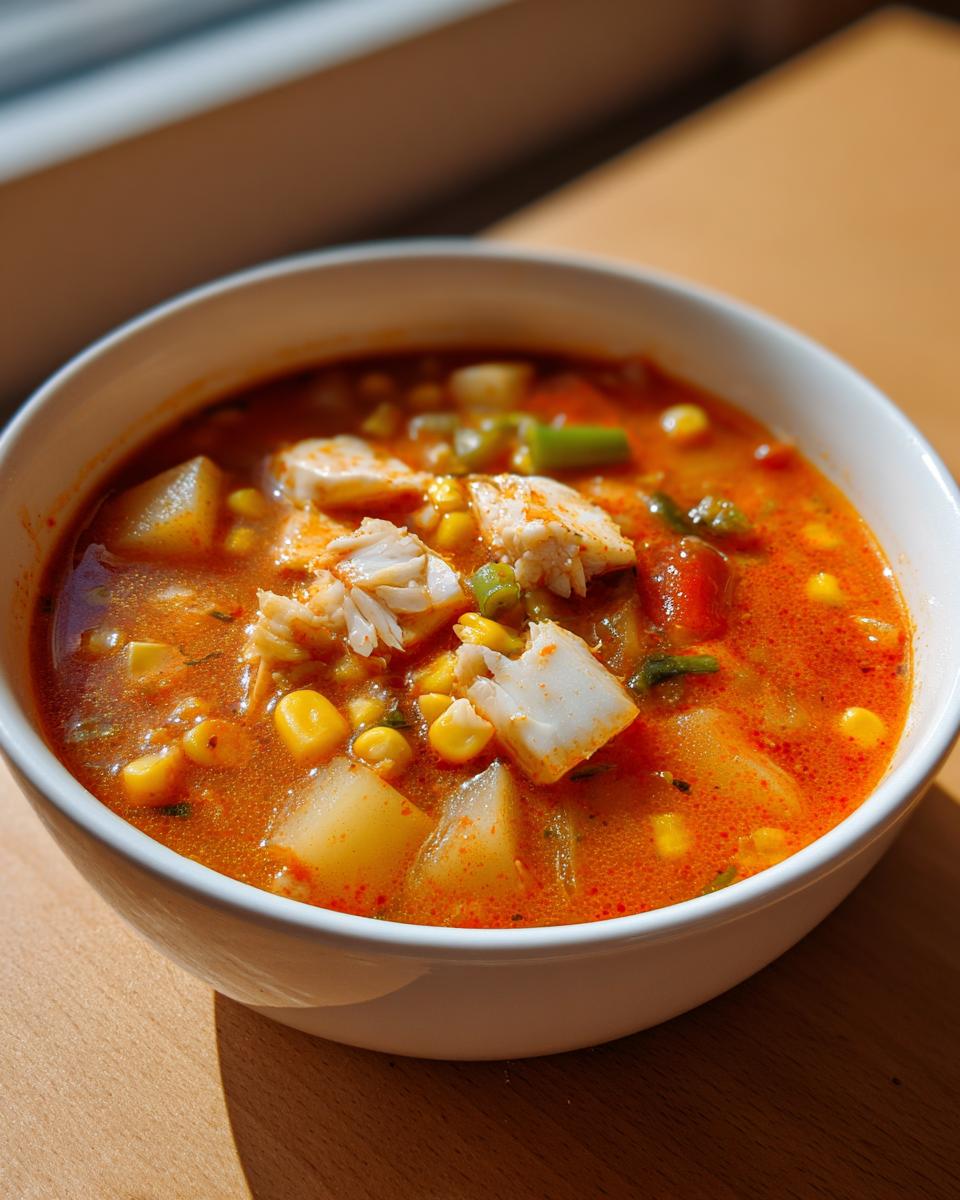 Close-up of a bowl of vibrant red maryland crab soup filled with potatoes, corn, and large flakes of white crab meat.