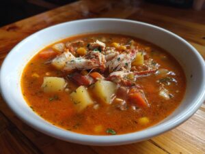 Close-up of a hearty bowl of Maryland crab soup, featuring chunks of potato, vegetables, and topped with lump crab meat.