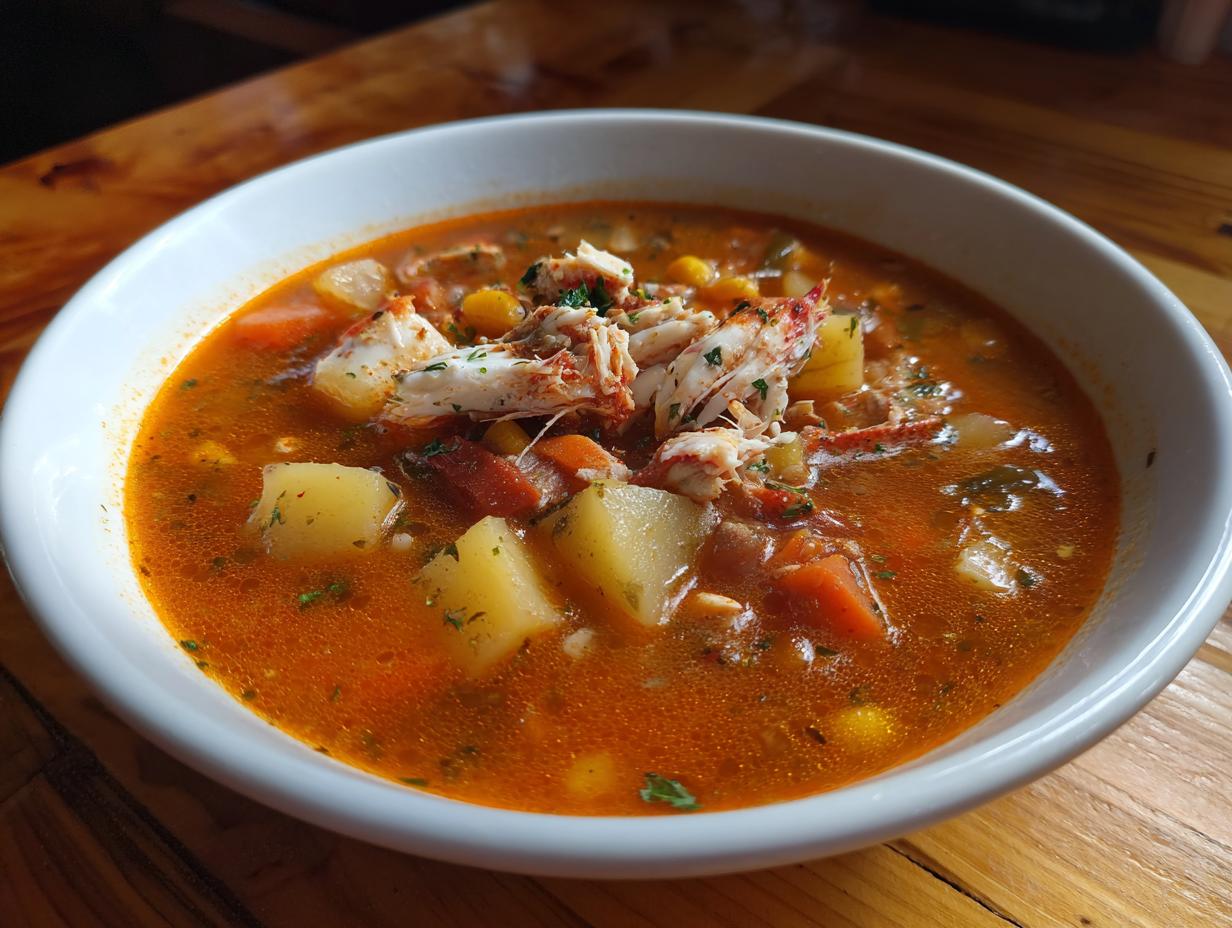 Close-up of a hearty bowl of Maryland crab soup, featuring chunks of potato, vegetables, and topped with lump crab meat.