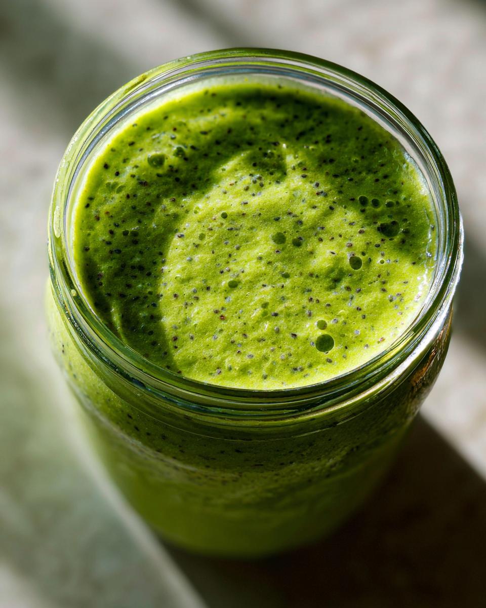 Overhead view of vibrant green matcha chia pudding topped with visible chia seeds in a glass jar.