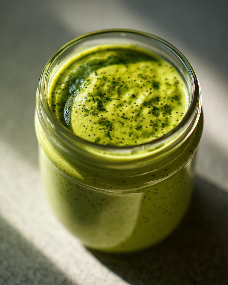 Close-up of vibrant green matcha chia pudding speckled with black chia seeds in a clear glass jar.