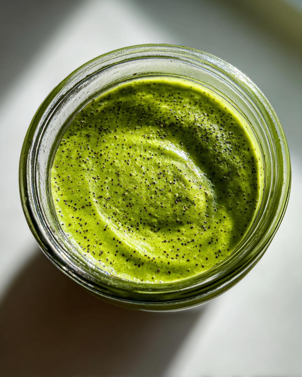 Overhead view of bright green matcha chia pudding speckled with black chia seeds in a clear glass jar.