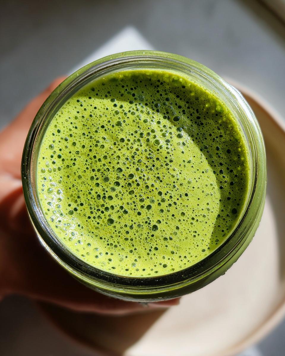 Overhead close-up view of vibrant green matcha chia pudding with a foamy top layer in a clear glass jar.
