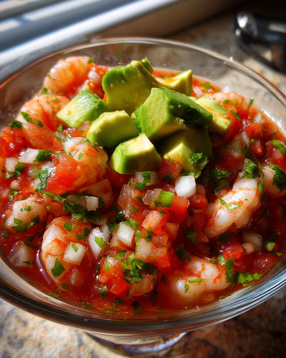 Close-up of a glass bowl filled with vibrant mexican shrimp cocktail, featuring plump shrimp, tomato sauce, onions, and topped with diced avocado.