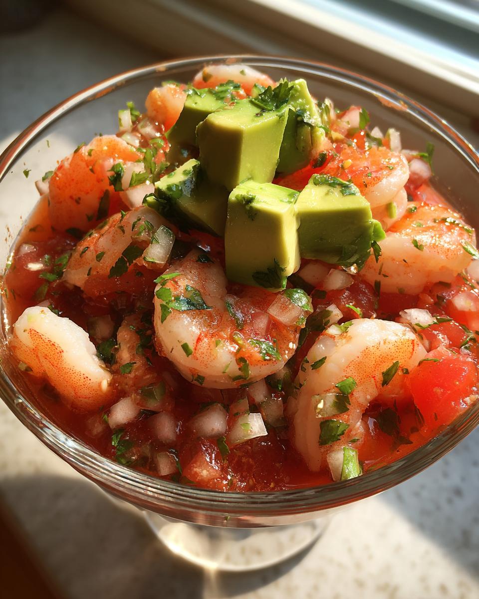 Close-up of a glass serving of Mexican shrimp cocktail featuring plump shrimp, tomato sauce, onions, cilantro, and diced avocado on top.