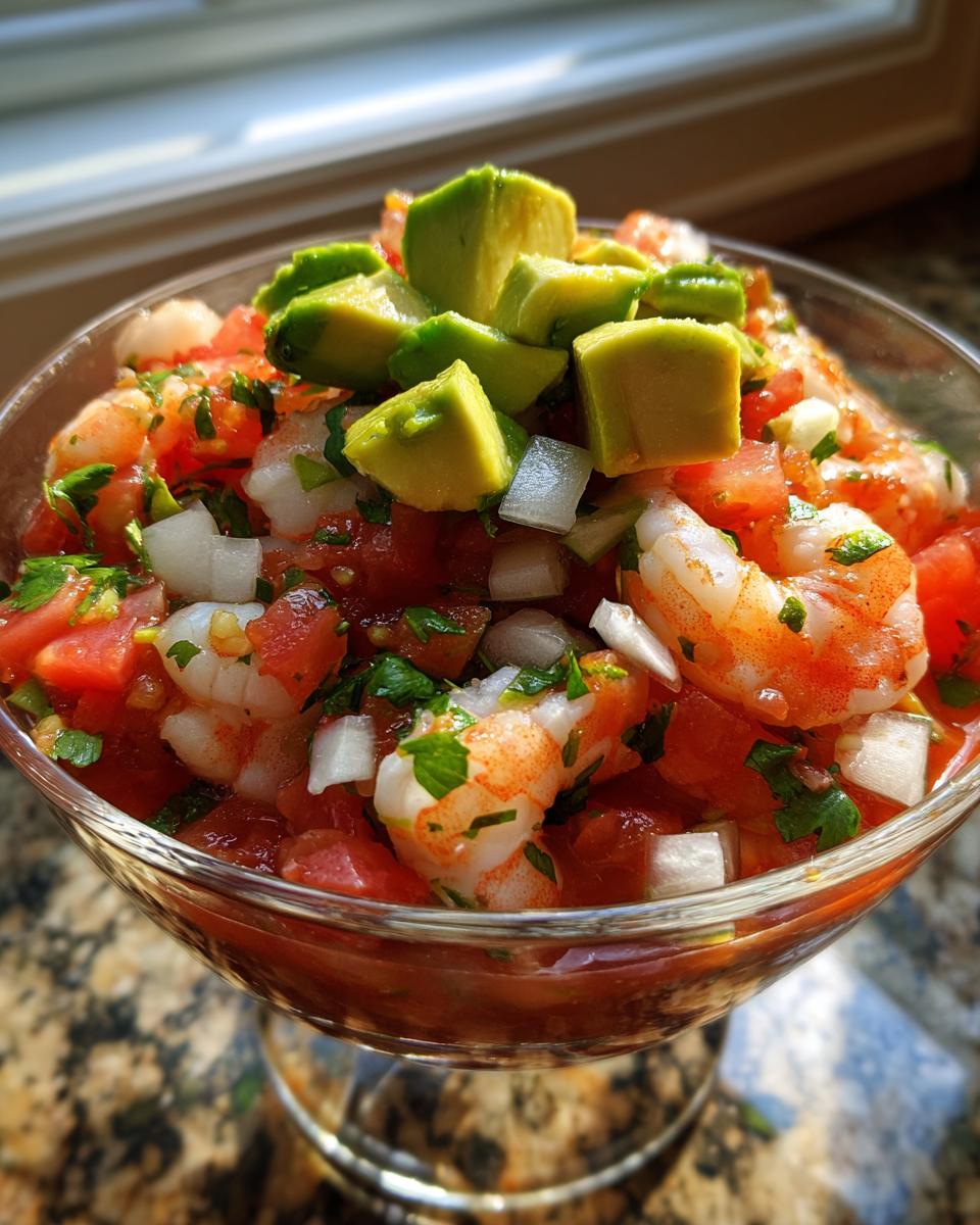 A glass filled with vibrant mexican shrimp cocktail, featuring shrimp, tomatoes, onions, and topped with diced avocado.