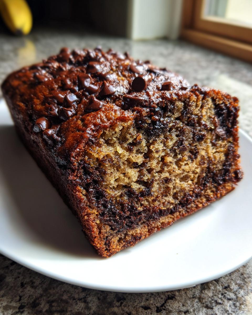Close-up of a moist slice of chocolate chip banana bread on a white plate.