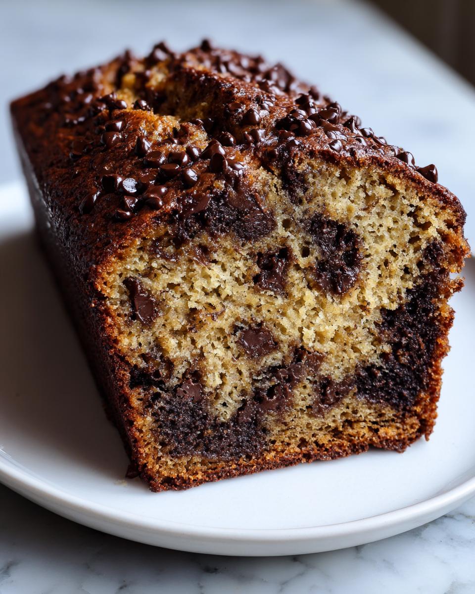 Close-up of a moist slice of chocolate chip banana bread with a dark, rich chocolate swirl.