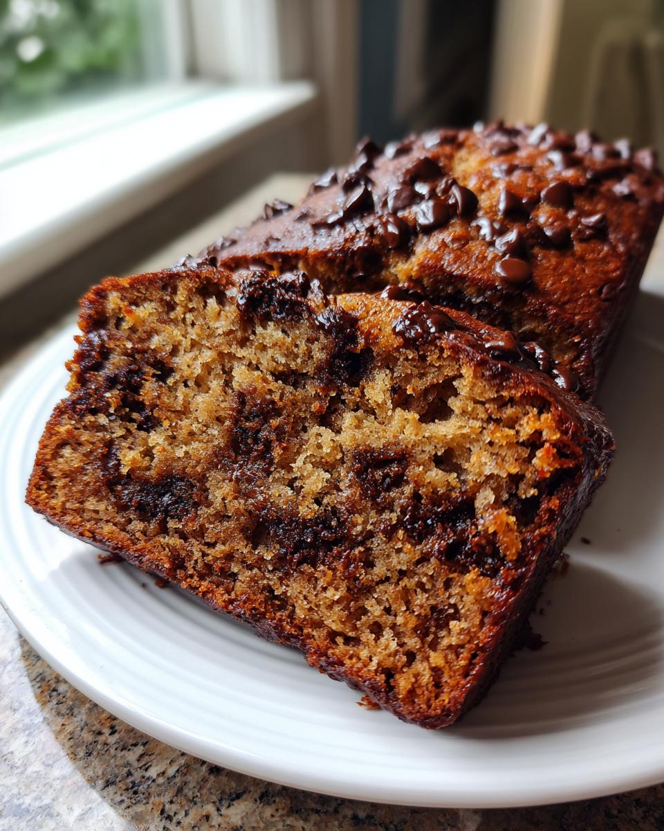 A close-up of moist chocolate chip banana bread, showing a thick slice revealing rich chocolate swirls.