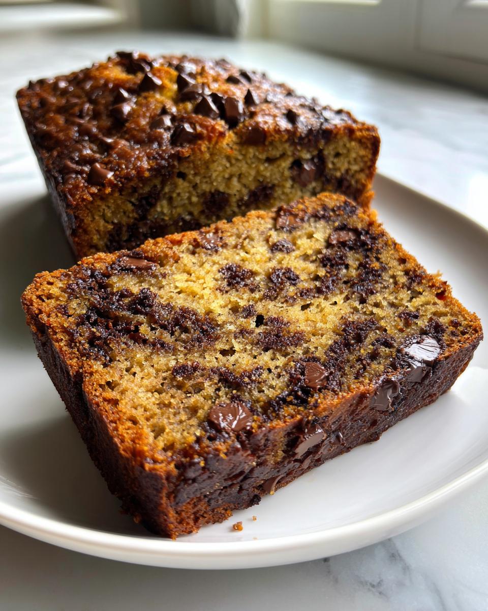 A thick slice of moist chocolate chip banana bread sits on a white plate, showing melted chocolate throughout the crumb.
