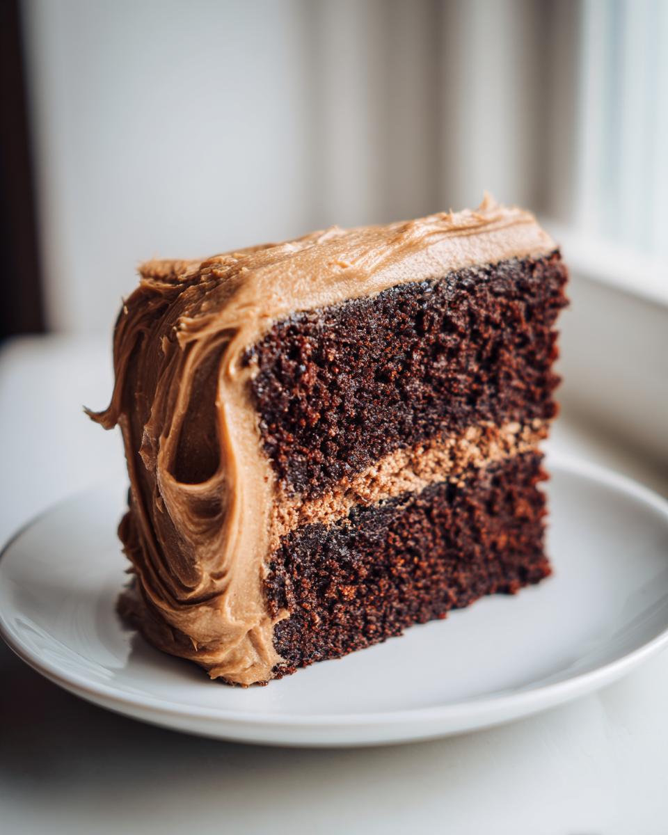 Close-up of a moist slice of dark chocolate cake with thick, swirled brown frosting, likely a gingerbread cake variation.