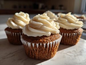 Close-up of three moist gingerbread cupcakes topped with swirls of cream cheese frosting.