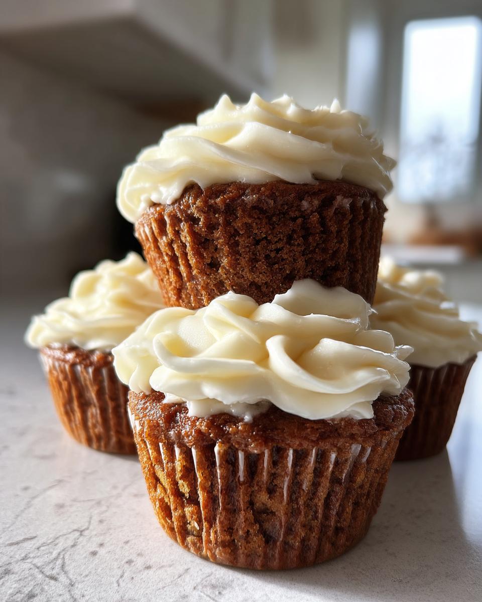 A stack of moist gingerbread cupcakes topped with thick swirls of cream cheese frosting.