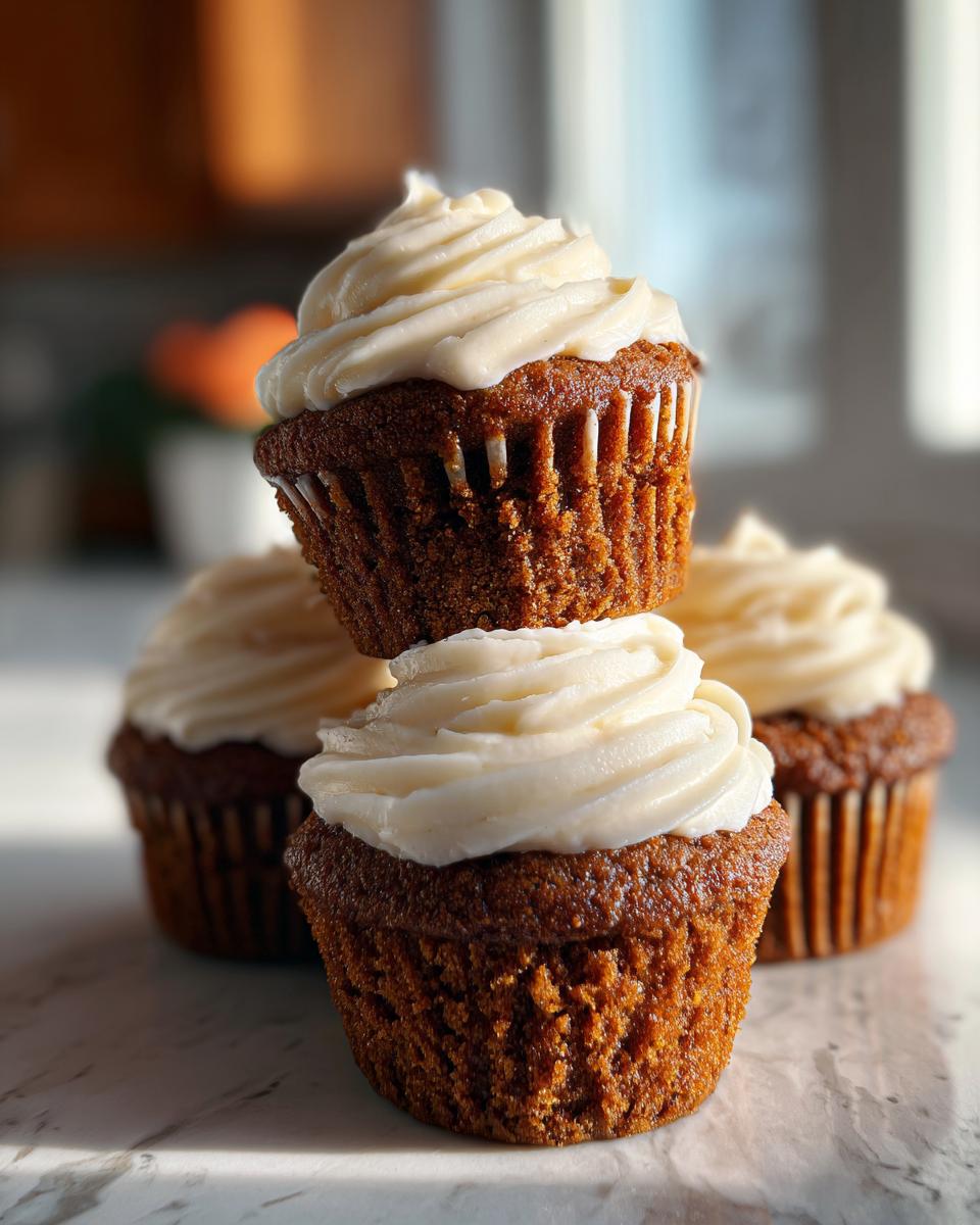 A close-up stack of three moist gingerbread cupcakes topped with swirls of creamy white frosting.