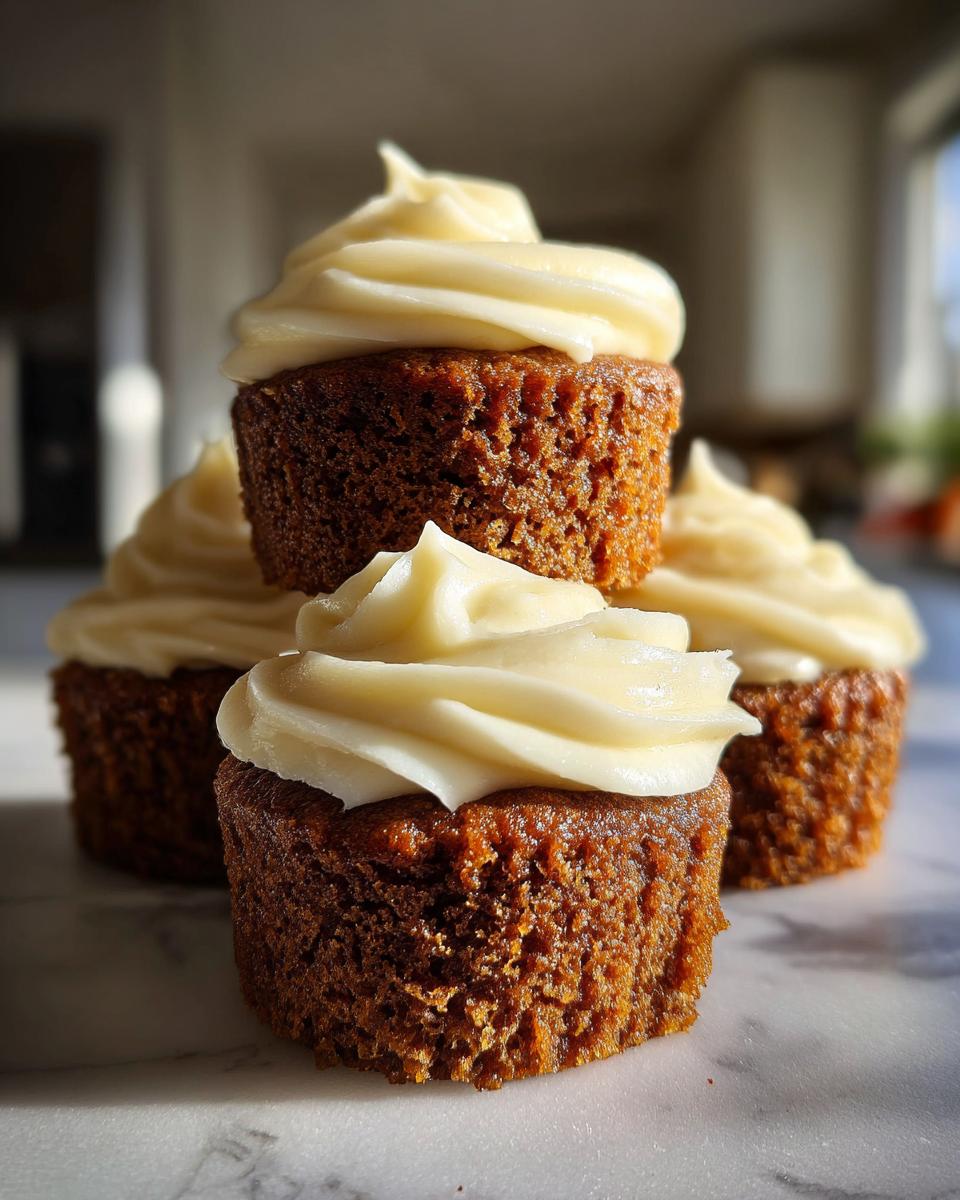 A stack of moist gingerbread cupcakes topped with swirls of creamy white frosting.