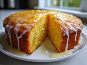 A moist, round orange juice cake with a thick white glaze dripping down the sides, topped with orange zest.