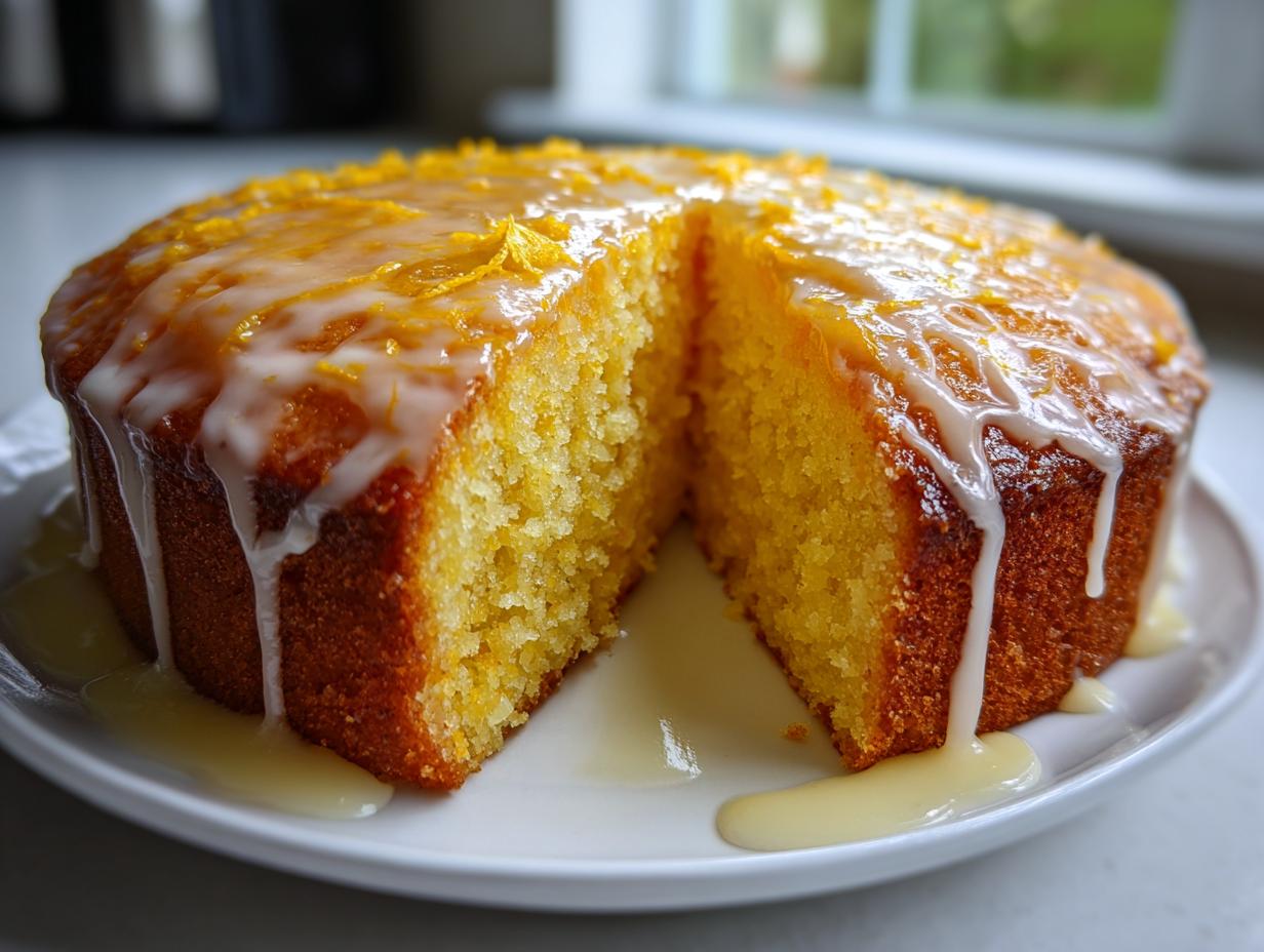 A moist, round orange juice cake with a thick white glaze dripping down the sides, topped with orange zest.