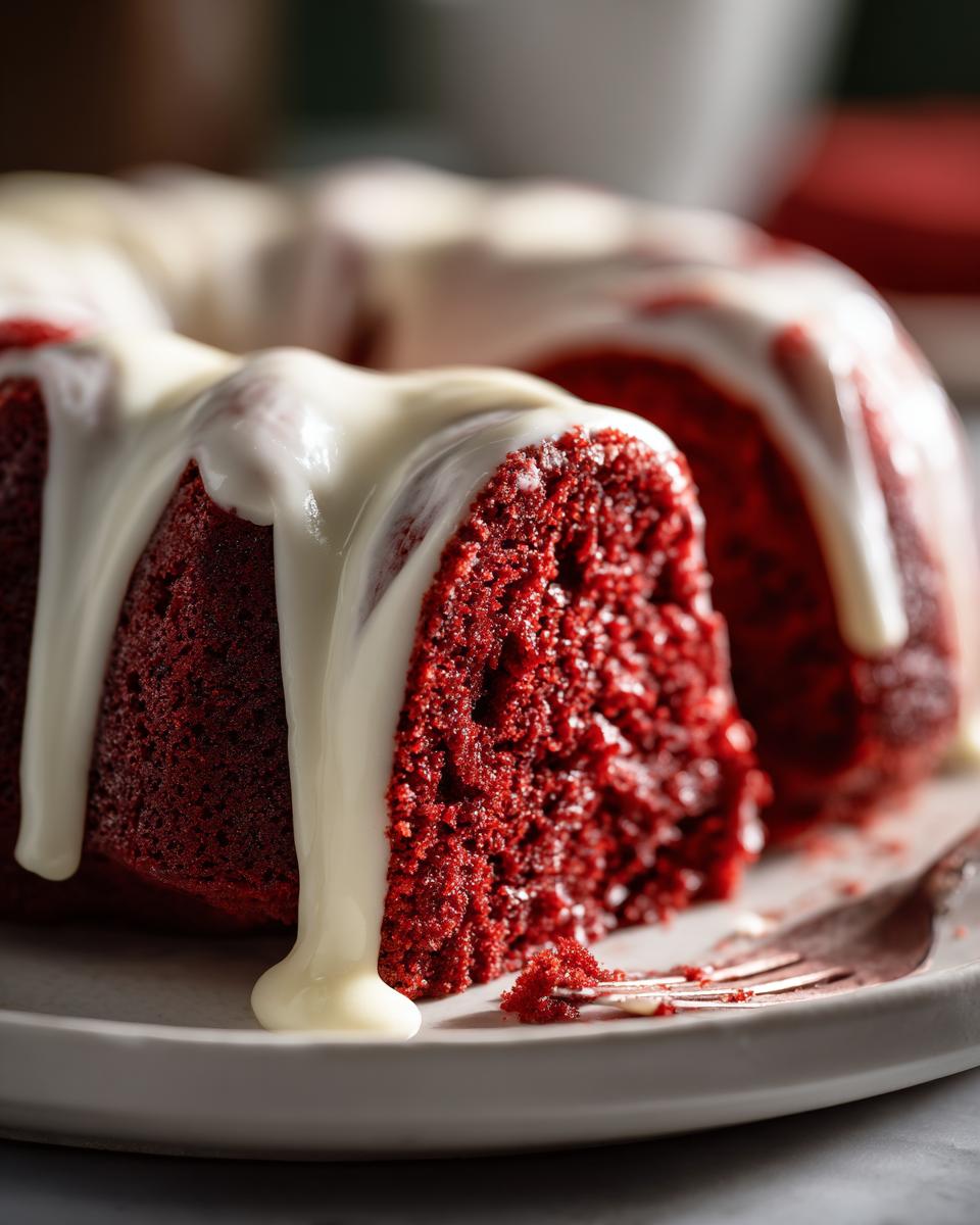 Close-up of a slice of moist red velvet bundt cake generously topped with dripping white cream cheese glaze.