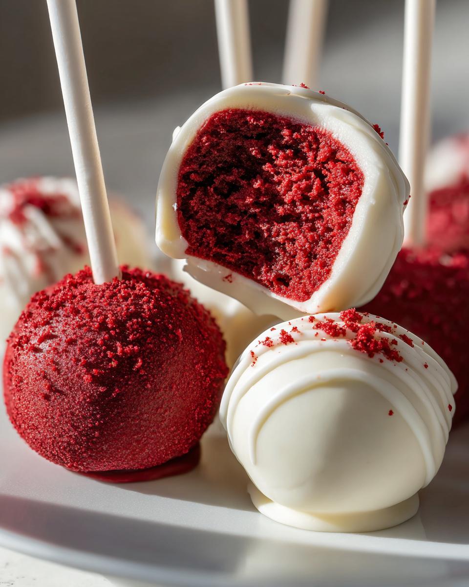 Close-up of moist red velvet cake pops, one cut open showing the rich red interior coated in white chocolate.