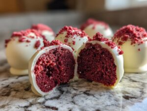 Close-up of a red velvet cake pop cut in half showing the moist red interior, coated in white chocolate and topped with red crumbs.