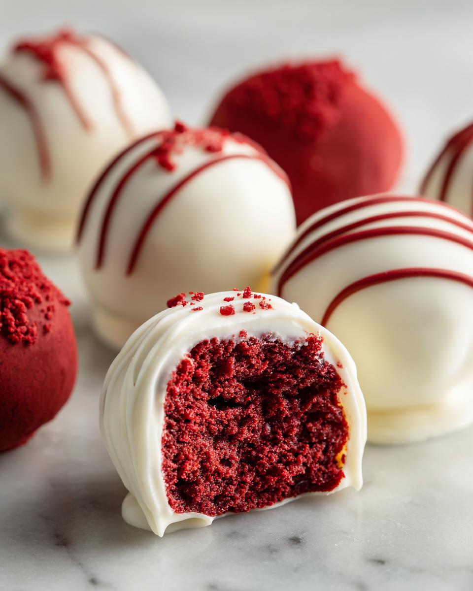 A close-up of a red velvet cake pops cut in half showing the moist interior, surrounded by other decorated red velvet cake pops.
