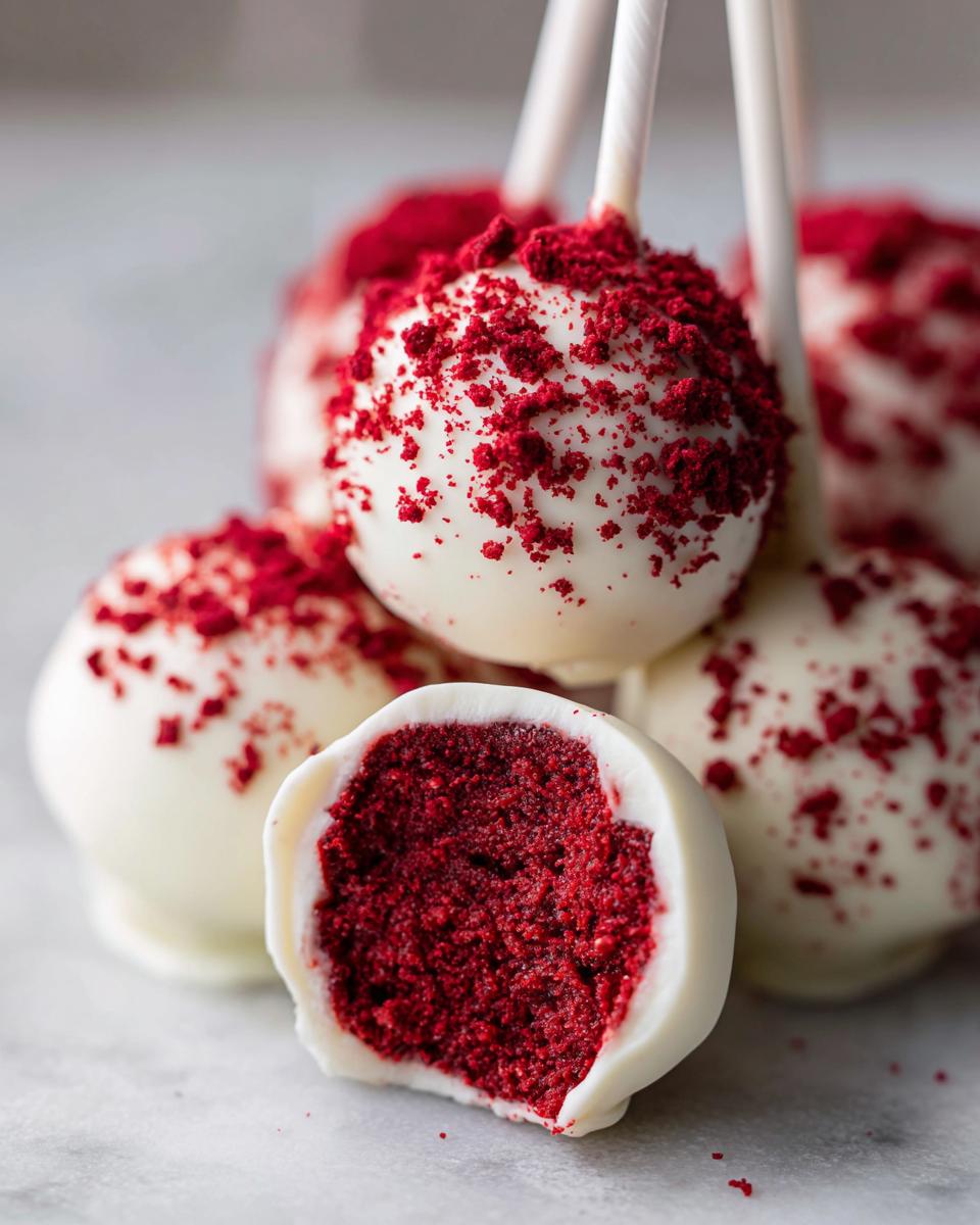 Close-up of moist red velvet cake pops dipped in white chocolate and sprinkled with red crumbs.