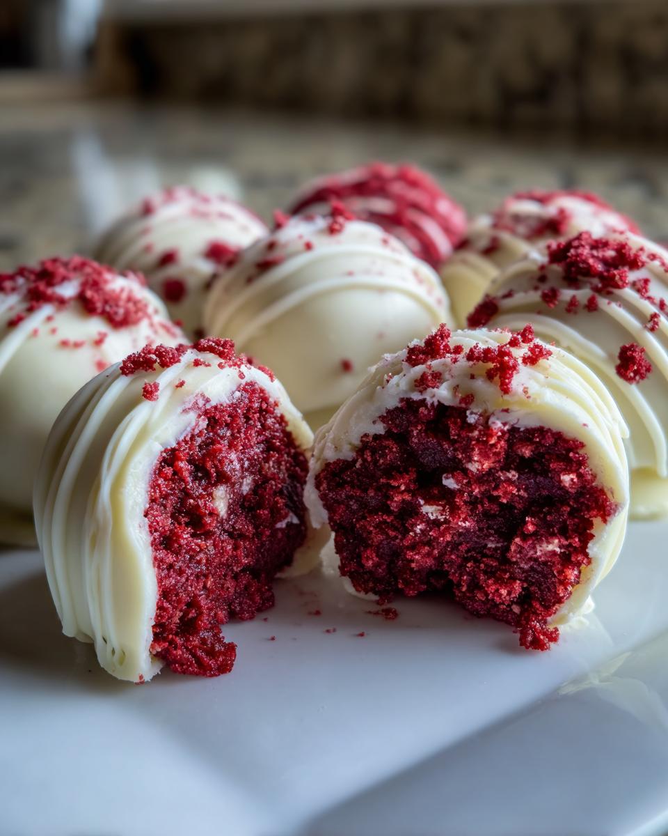 Close-up of moist red velvet cake pops dipped in white chocolate, one is broken open showing the rich red interior.
