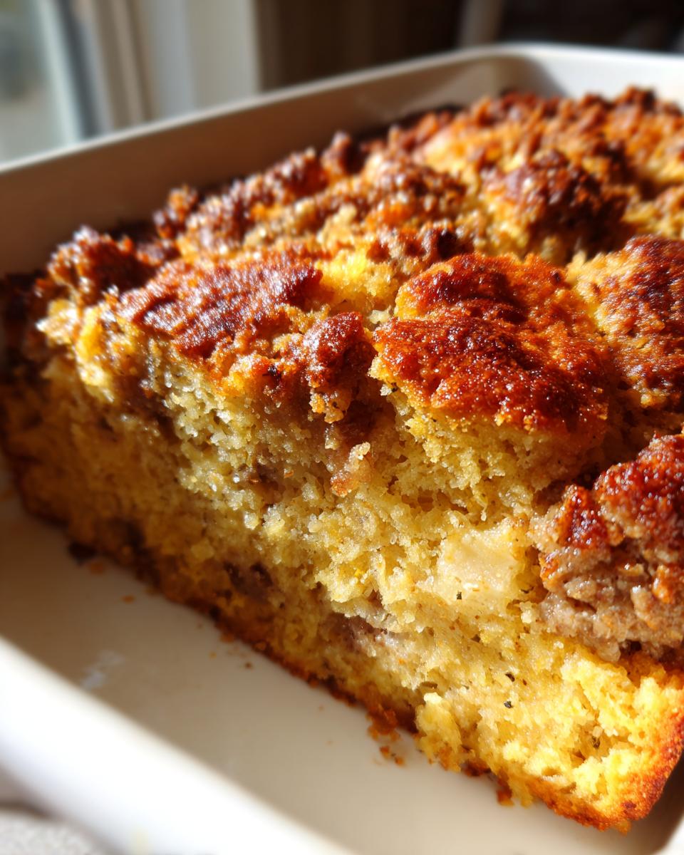 Close-up of a golden brown, moist sausage stuffing baked in a white dish.