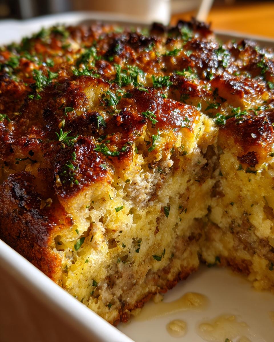 Close-up of moist sausage stuffing baked golden brown and topped with fresh parsley.