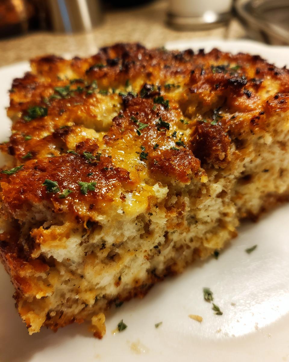 Close-up of a moist slice of sausage stuffing showing a golden-brown, crispy top layer and fluffy interior.
