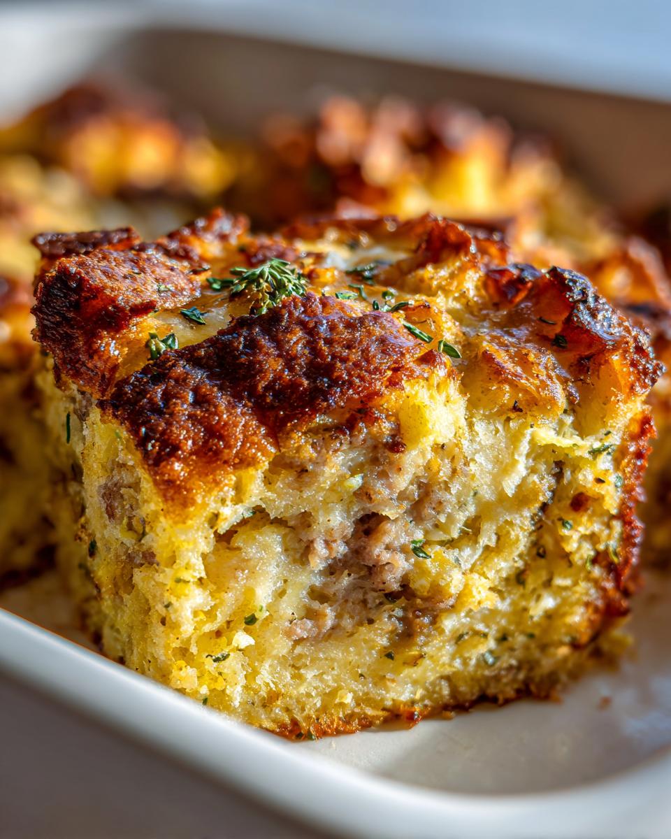 Close-up of a moist slice of sausage stuffing showing the browned, crispy top and savory sausage filling.