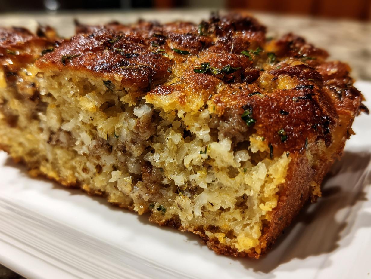 Close-up of a moist, golden-brown slice of sausage stuffing with visible bread and meat texture.