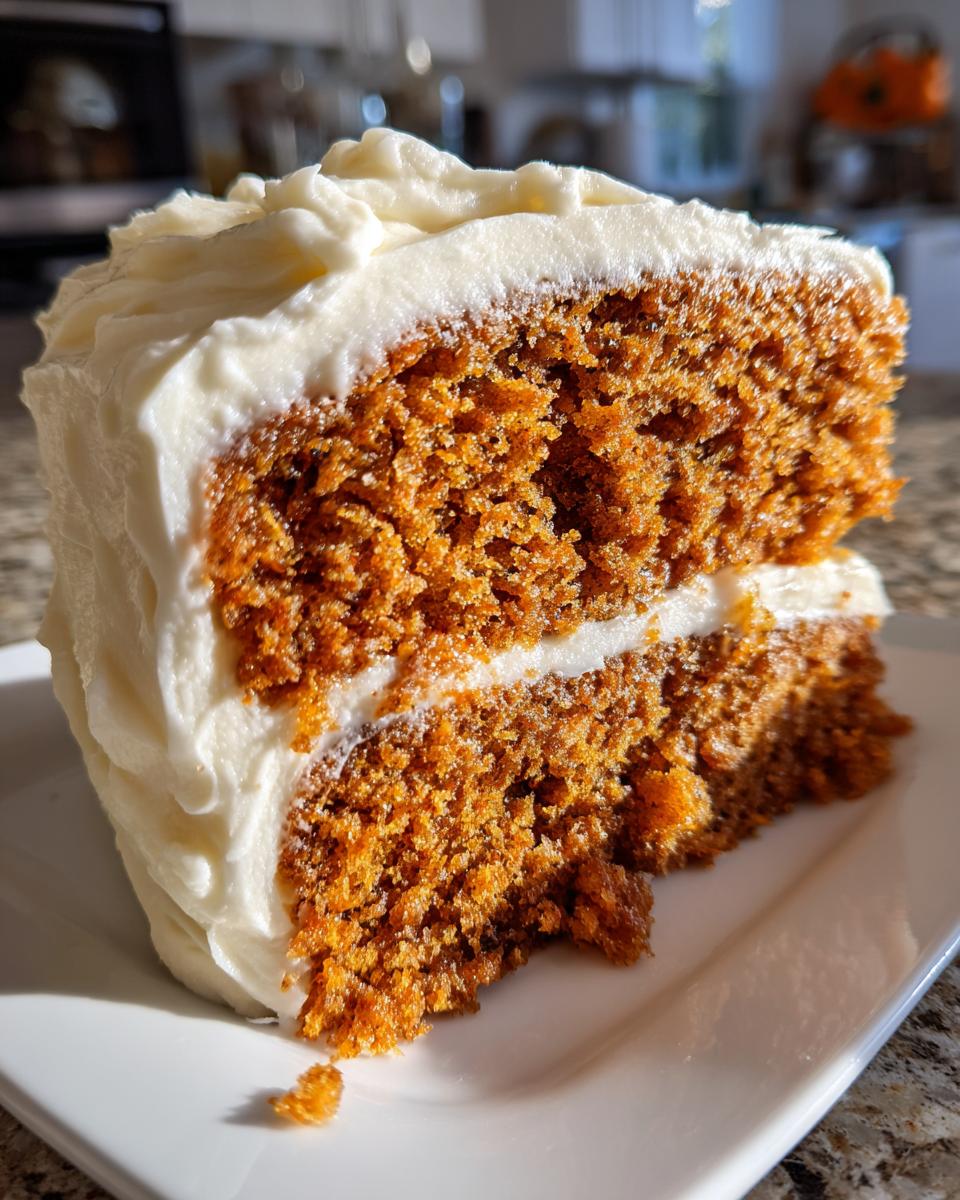 Close-up of a thick, moist slice of orange spice cake layered with white frosting.